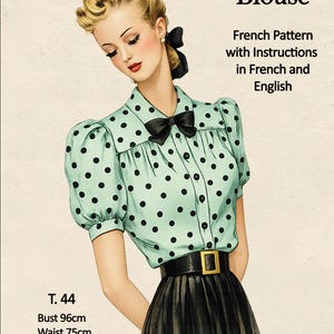 1940's Bow Blouse French Sewing Pattern - Ready Printed Pattern Bust 38
