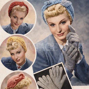May include: Vintage Bestway leaflet No. 445 featuring patterns for knitted and crocheted turbans and gloves. The image showcases a woman modeling various headwear and gloves in shades of red, yellow, and blue. The leaflet includes the text "4 Turbans, Knitted & Crocheted, and Knitted Gloves on Two Needles."