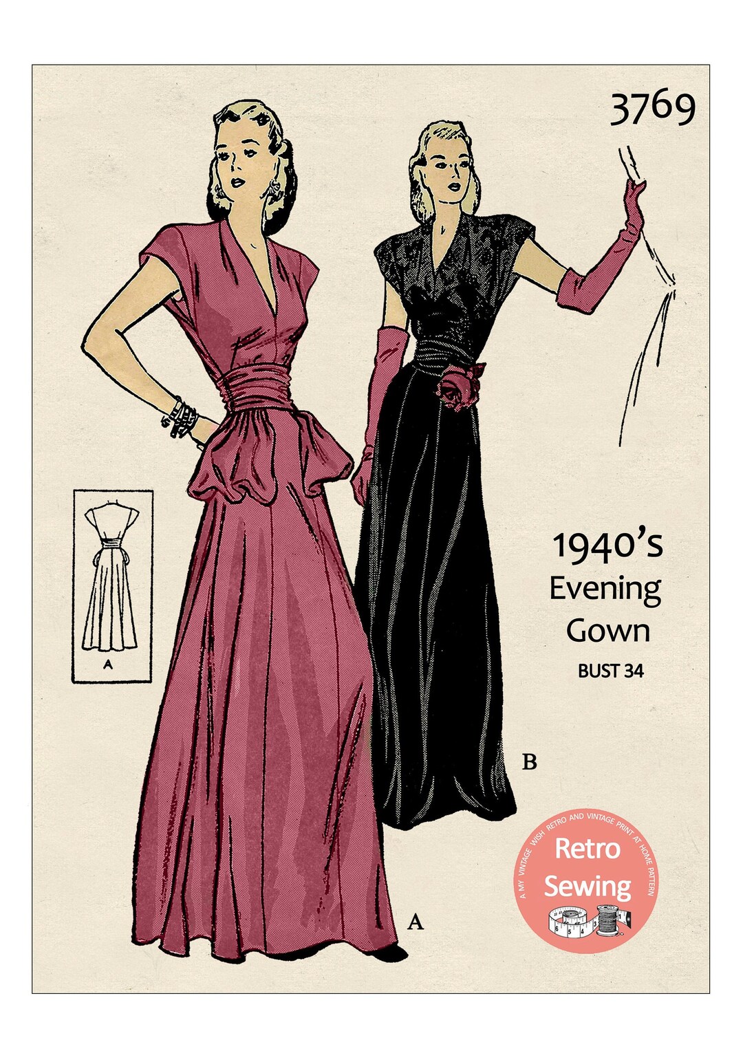 1940s dinner dress 1940's Dinner to Dance Evening Dress Sewing Pattern - Ready Printed