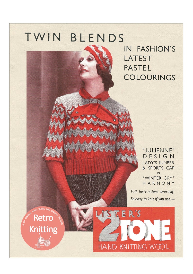 1930's Vamp Style Striped Jumper and Matching Cap Bust 34 PDF Knitting Pattern image 1