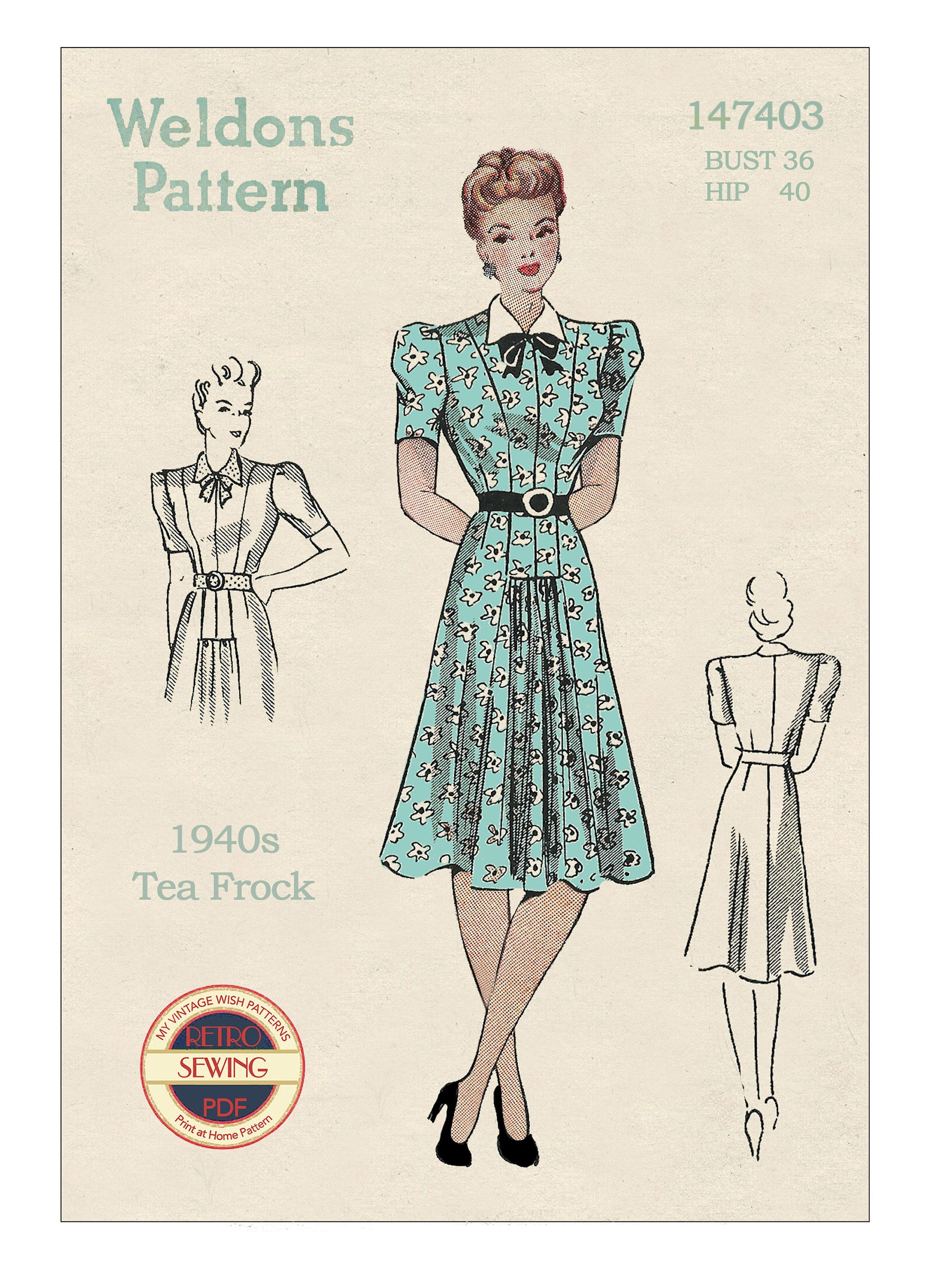 1940s Pussy Bow Collar Tea Dress PDF Pattern Bust 36