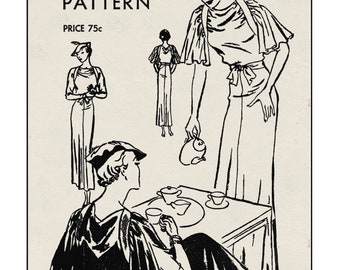 1930's Cape Sleeve Afternoon or Evening Dress PDF Sewing Pattern Instant Download