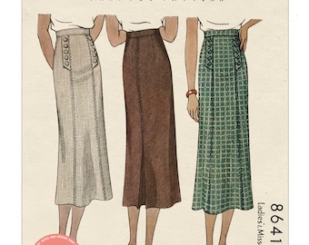 1930's Panelled Skirt with Buttoned Bands PDF Sewing Pattern Waist 26