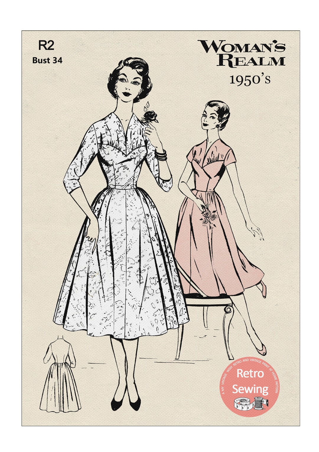 1950's Tea Length Wedding Dress PDF Sewing Pattern Bust 34 - Etsy