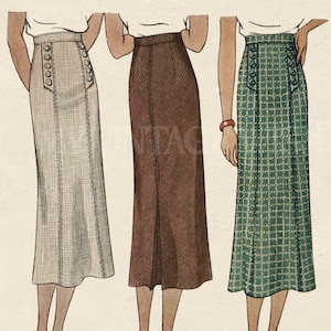 Op de afbeelding: Een vintage naaipatroonillustratie met het label 8641, Size 26, Ladies' & Misses' Skirt, 35c. De afbeelding toont drie kuitlange rokken met een hoge taille: een lichtgrijze rok met textuur, een effen bruine rok en een groene geruite rok met knopen.