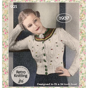 May include: A vintage knitting pattern from 1937 for a white cardigan with a green button closure and colorful trim around the neckline. The pattern is designed to fit a 34 inch bust.