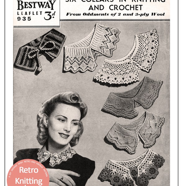 1940's Vintage Pattern for Six Pretty Collars in Knitting and Crochet PDF Digital Download