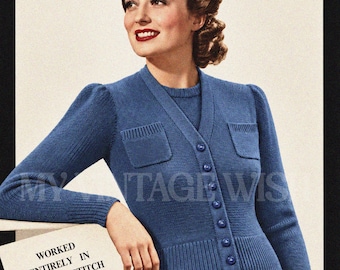 May include: A blue knitted twin set featuring a long-sleeved cardigan with a V-neck, button front, and two chest pockets, worn over a matching short-sleeved top. The Bestway Leaflet No. 401 cover text specifies it is worked in stocking-stitch and ribbing.