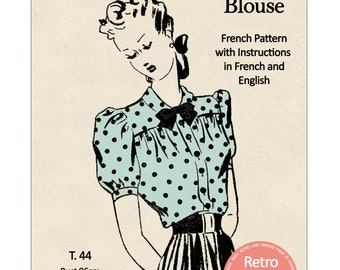 1940s Pussy Bow Blouse Vintage French PDF Print at Home Pattern Bust 38