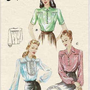 1940&#39;s Yoked Front Blouse PDF Sewing Pattern  Bust 36