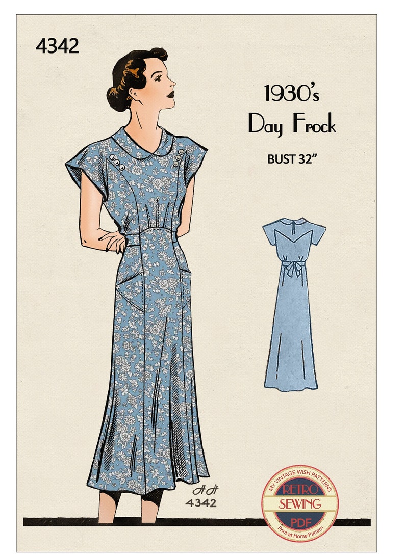 Vestido de té casual de la década de 1930 con bolsillos PDF Patrón de costura Busto 32 imagen 1