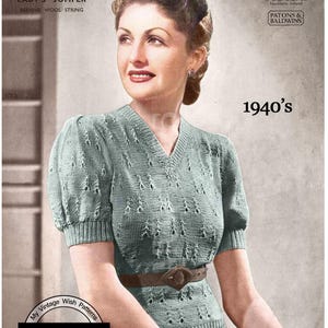 Vintage 1940s 4-lagiger Pullover mit V-Ausschnitt PDF Strickanleitung - Büste 94cm