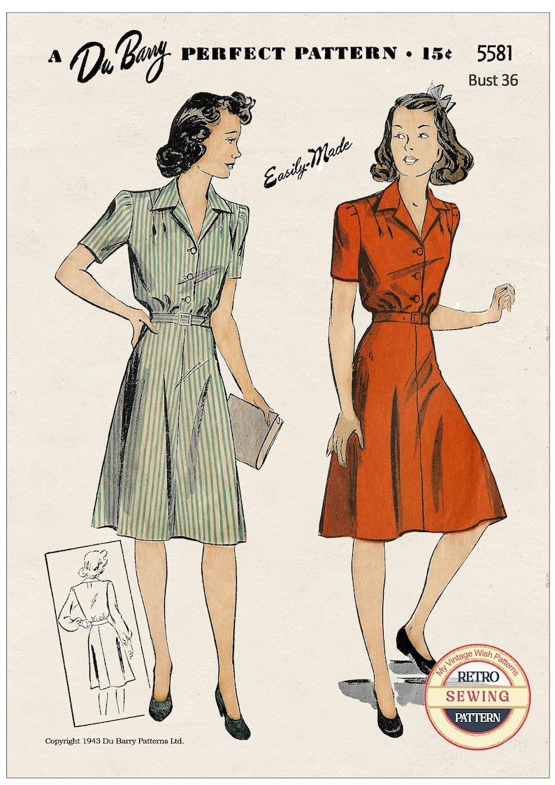 May include: A vintage sewing pattern for a dress with a button-up front and a belt. The pattern is for a bust size of 36 inches and is called "Perfect Pattern" by Du Barry. The pattern is from 1943 and is easily made.
