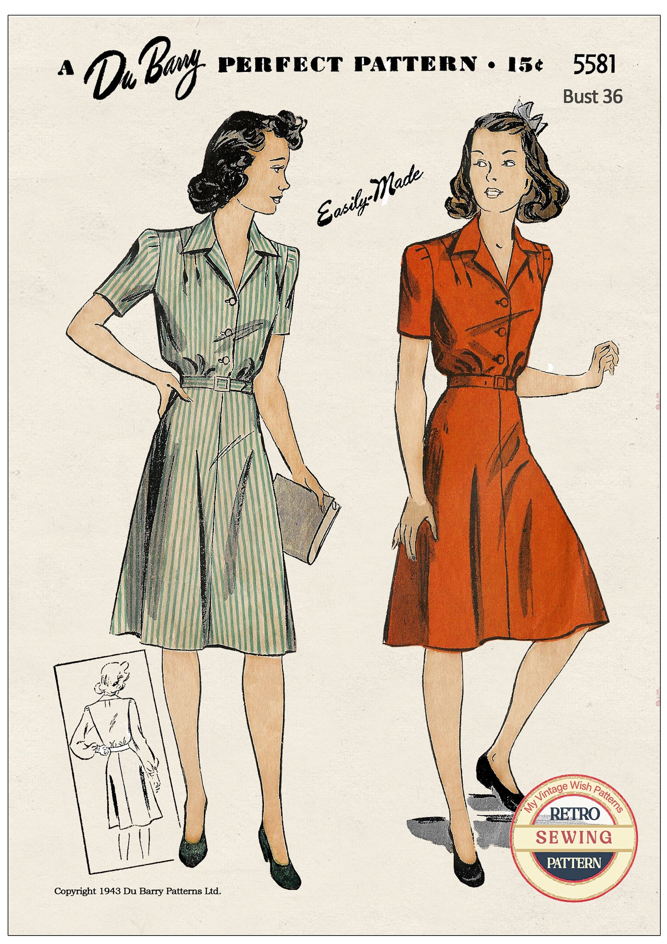 1940's Wartime Shirtwaist Dress PDF Sewing Pattern Bust 36 