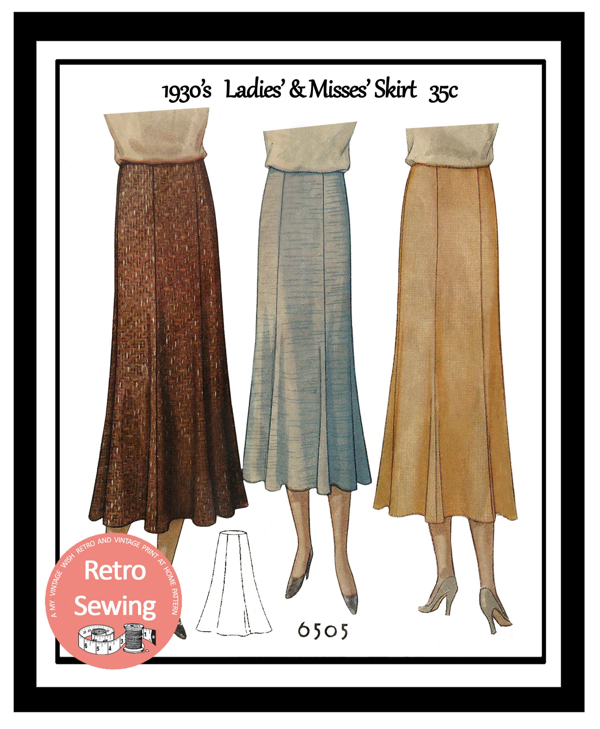 1930 s Six Gore Flared Skirt PDF Sewing Pattern Waist 26