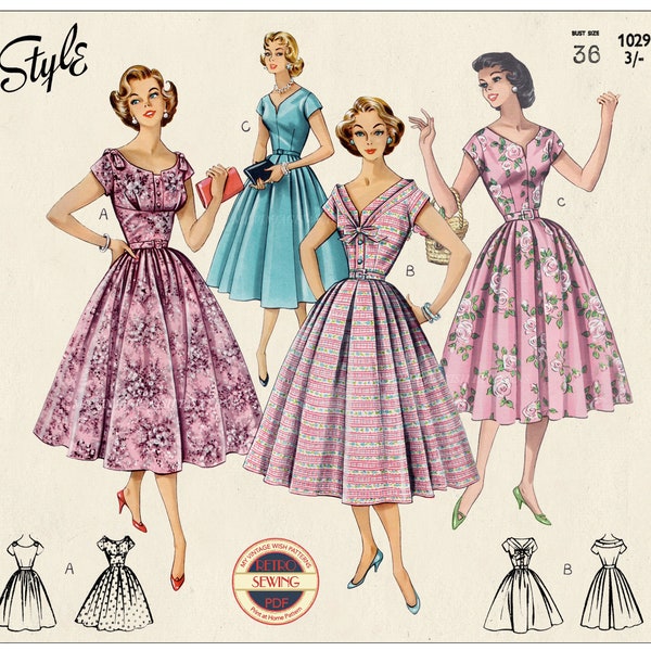 1950s Rockabilly Summer Dresses PDF Print at Home Sewing Pattern Bust 36