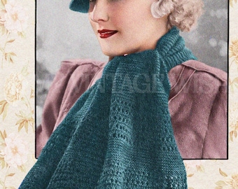 1930s Hat and Matching Scarf PDF Knitting Pattern, Vintage Style Knit Accessories