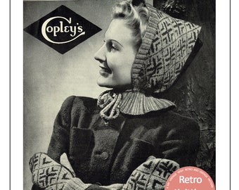 1940's Fair Isle Pixie Hood and Mittens PDF Knitting Pattern