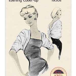 May include: A vintage sewing pattern for a 1950s evening cover-up called "Big Bow Loops". The pattern includes instructions for a white knitted shawl with a large bow detail. The pattern is for sizes 32-44 inches bust.