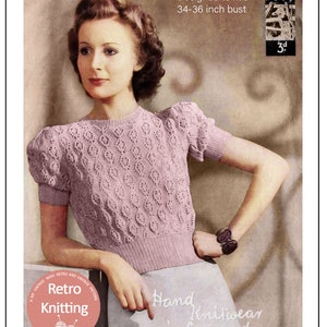 1940s Pretty Puff Sleeve Jumper PDF Knitting Pattern Bust 34-36