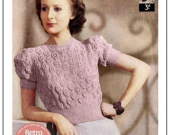 Années 1940 Joli pull à manches bouffantes PDF Modèle de tricot Buste 34-36