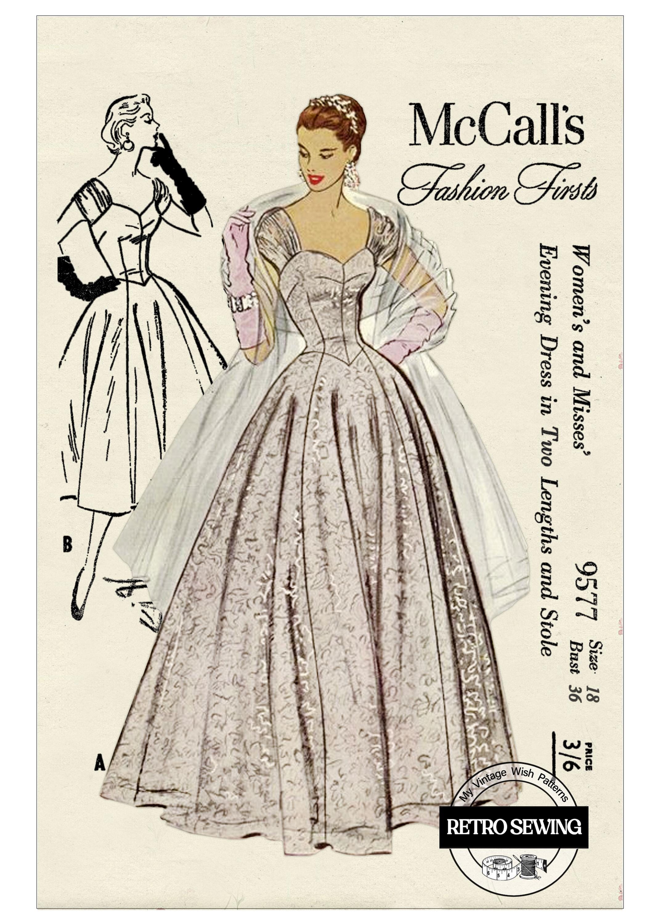 Robe De Bal Vintage Années 1950-60 - Soie Satin Bleu Argenté Avec Traîne - Taille S, Occasion Bon État