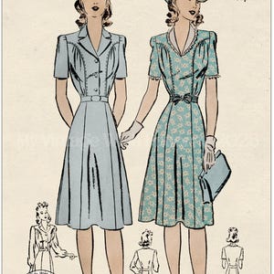 Authentic 1940s Tea Dress PDF Sewing Pattern – Wartime 1942 Design – Bust 42 – Two Styles