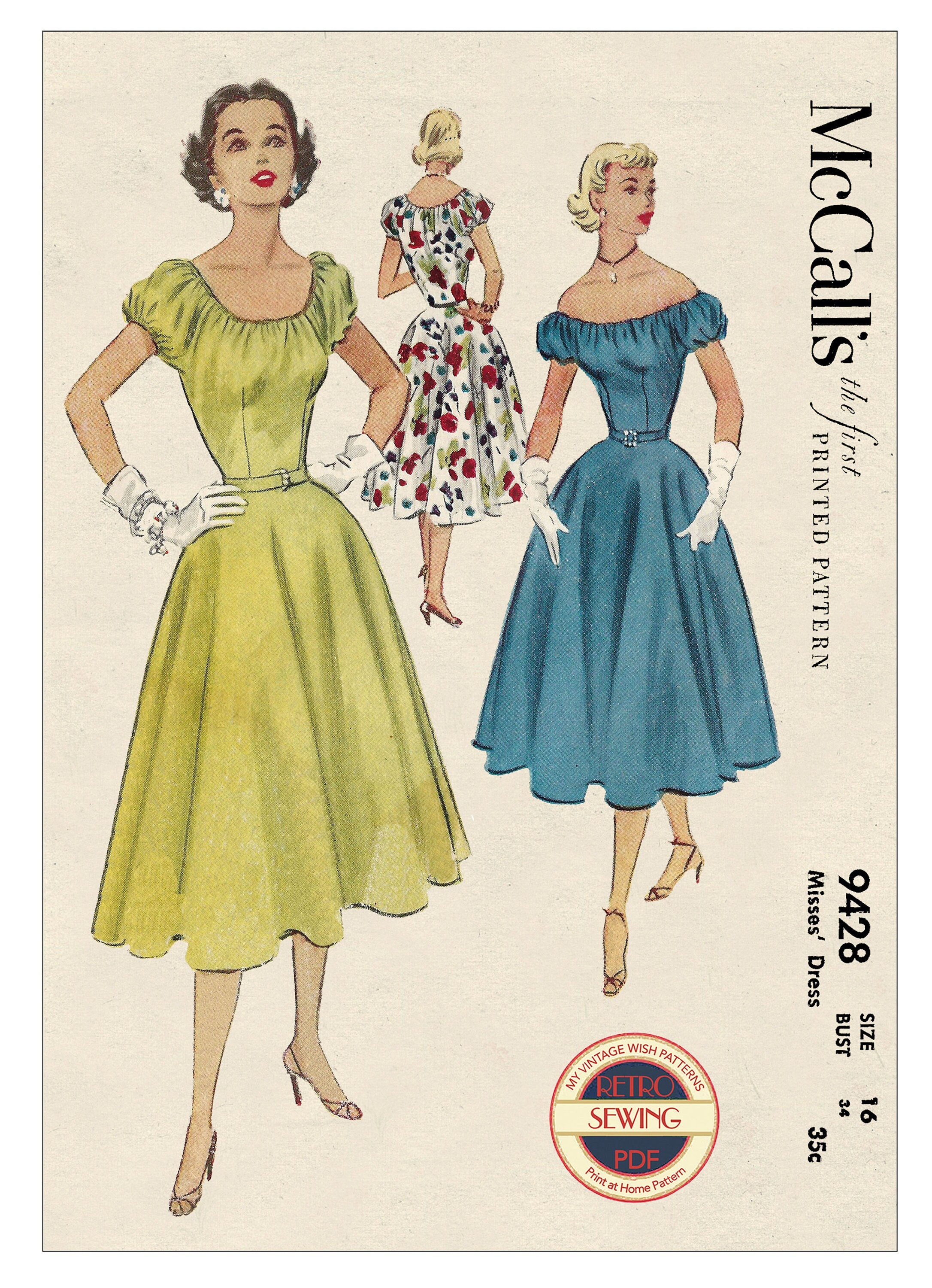 1940s Wartime Shirt Dress with Pockets PDF Sewing Pattern Bust 34