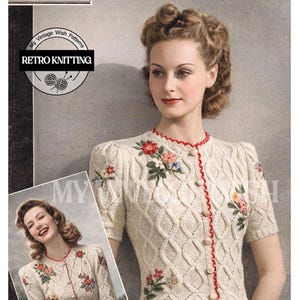 May include: Vintage knitting pattern leaflet, "It's Tyrolean," featuring a cream-colored, short-sleeved cardigan with floral embroidery and red trim. The leaflet includes the text "Weldons Leaflet No. 288" and "Retro Knitting."