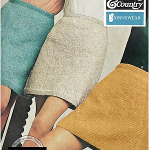 May include: Vintage sewing pattern featuring three tweed skirts in teal, beige, and mustard yellow. The skirts are designed to fit 36-40 inch hips. The image includes the text "Town & Country" and "Retro Knitting".