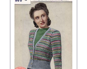 1940's Multi-Colour Striped Cardigan PDF Knitting Pattern Bust 34