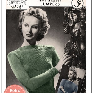1940&#39;s Two Simple Jumpers PDF Knitting Pattern Bust 33-36