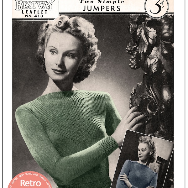 1940's Two Simple Jumpers PDF Knitting Pattern Bust 33-36