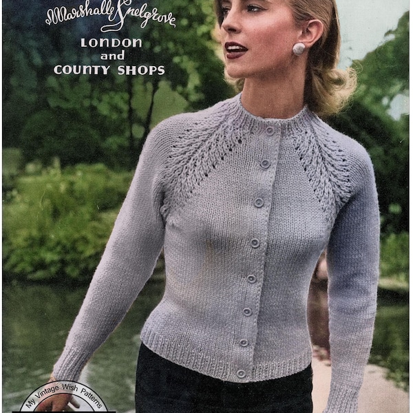 1950's Fancy Raglan Cardigan PDF Knitting Pattern in three sizes