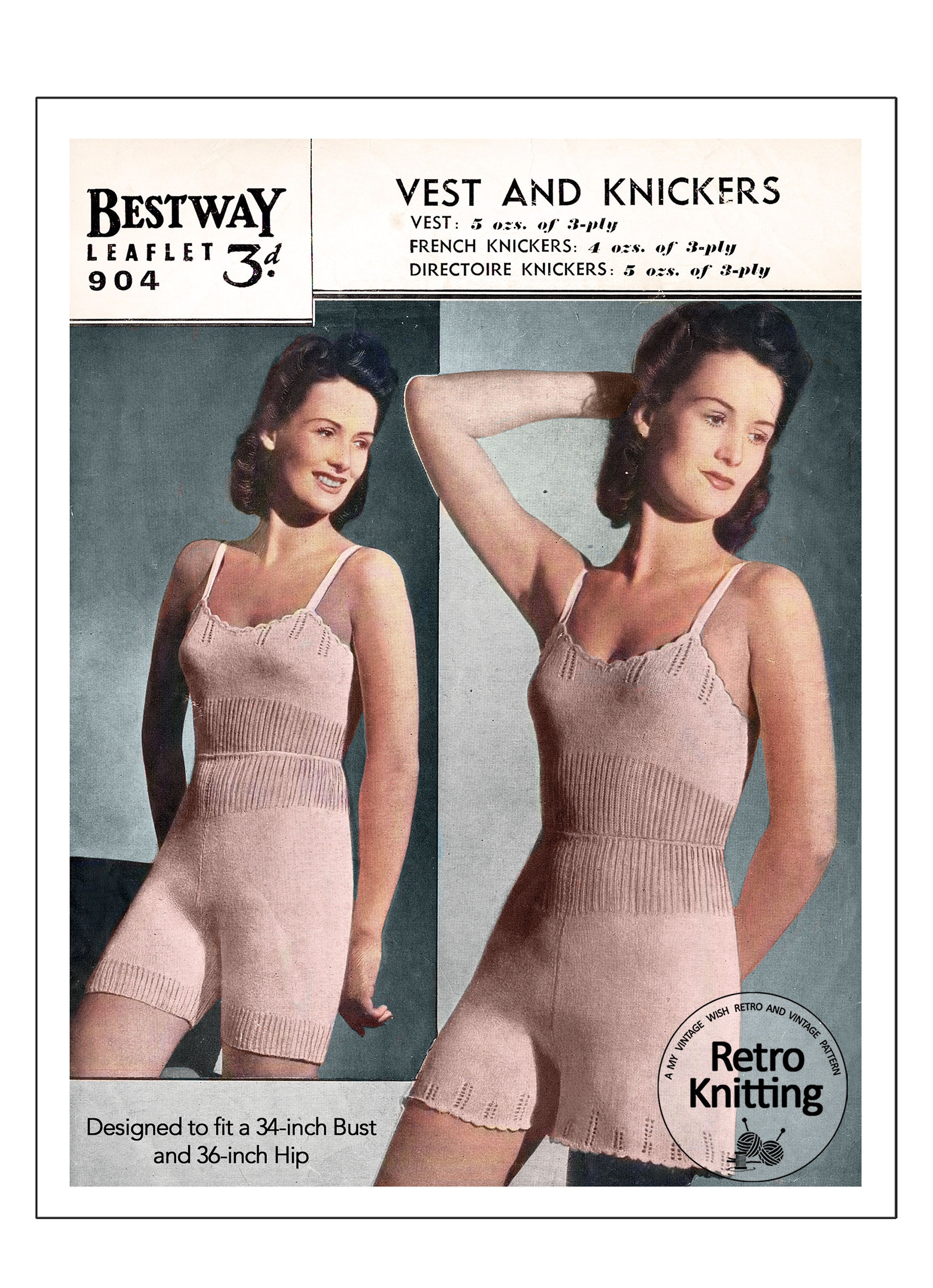 1940's Pretty Vest with French and Directoire Knickers PDF Knitting Pattern  34 Bust