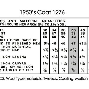 May include: A black and white chart with the title "1950's Coat 1276" and a table listing sizes and material quantities for a coat. The table includes measurements for bust, waist, hips, length from nape of neck to finished hem, and material quantities for 54-inch material without nap, 36-inch lining, 24-inch canvas, 27, 36, or 42-inch fur fabric or fur.