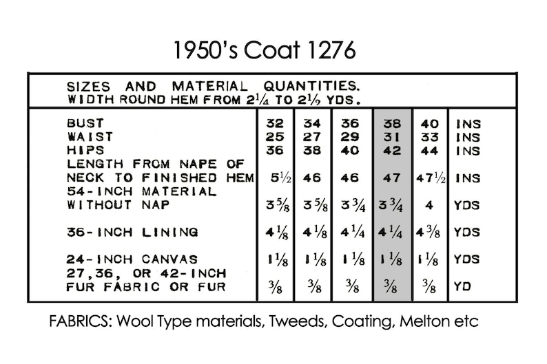 May include: A black and white chart with the title "1950's Coat 1276" and a table listing sizes and material quantities for a coat. The table includes measurements for bust, waist, hips, length from nape of neck to finished hem, and material quantities for 54-inch material without nap, 36-inch lining, 24-inch canvas, 27, 36, or 42-inch fur fabric or fur.