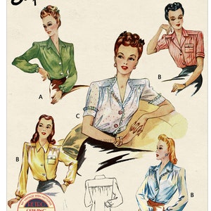 1940's Blouse With Three necklines PDF Sewing Pattern - Bust 36