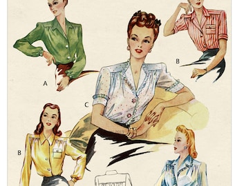 1940's Blouse With Three necklines PDF Sewing Pattern - Bust 36