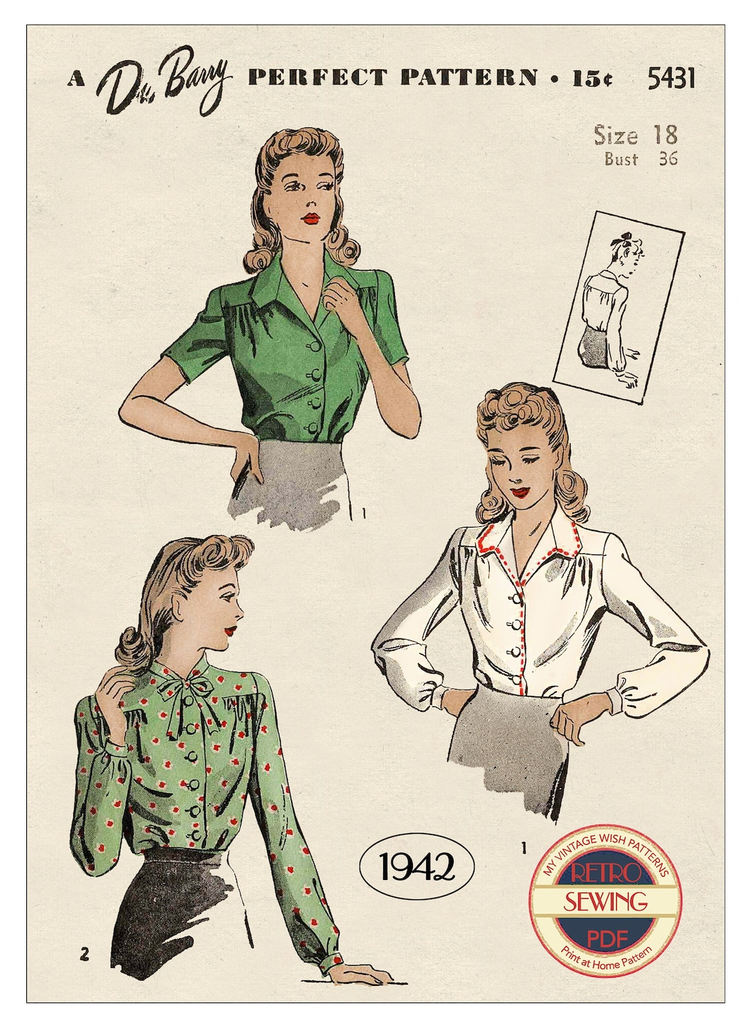 1940s Wartime Blouse Sewing Pattern Digital PDF With Printathome