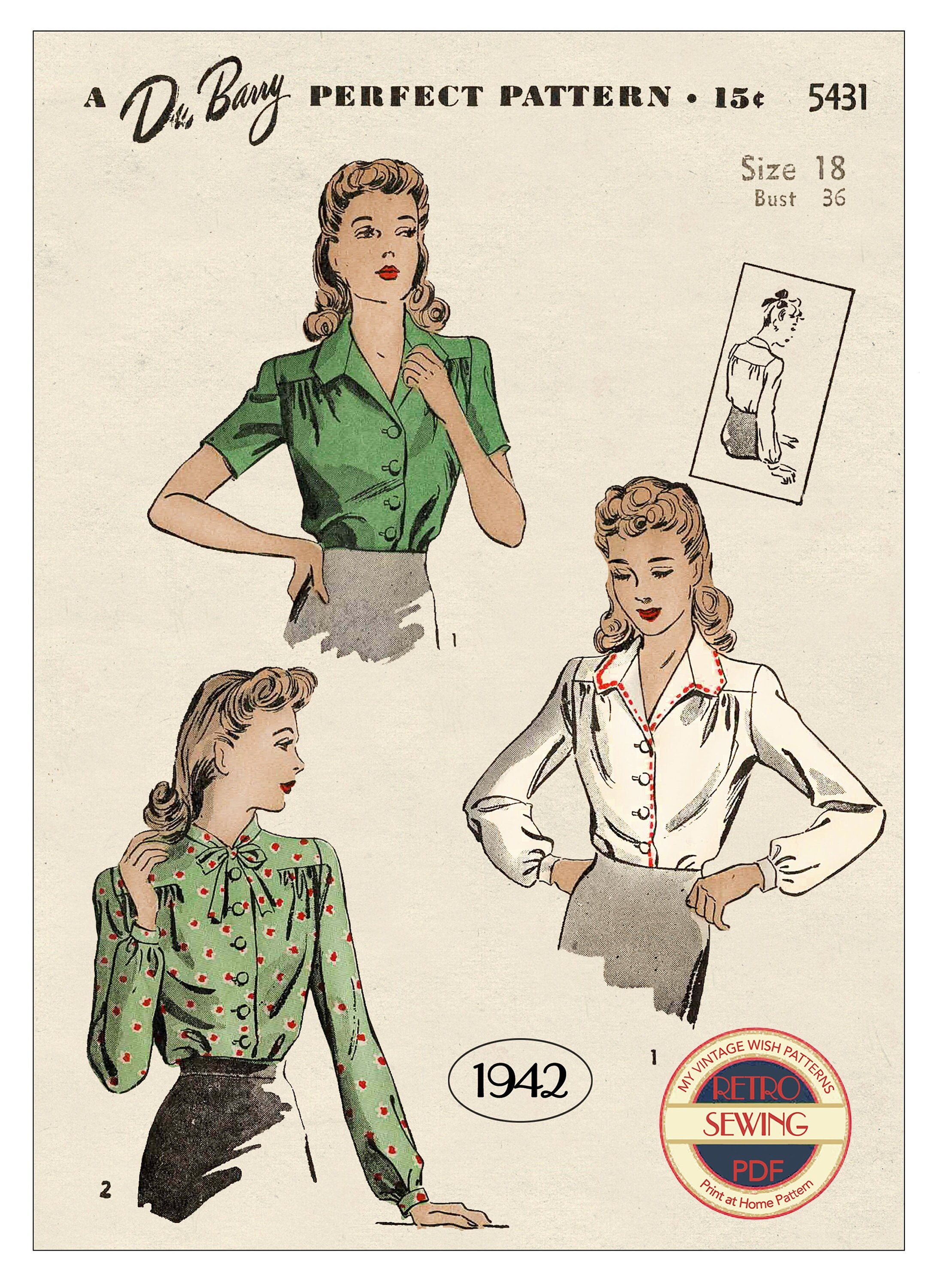 1940s Wartime Blouse Sewing Pattern – Digital PDF with Print-at-Home and A0 Options