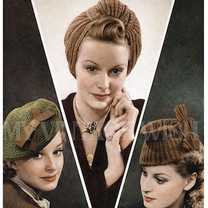 Puede incluir: Anuncio vintage con tres mujeres modelando boinas y turbantes de punto. La imagen incluye el texto "BESTWAY LEAFLET" y "BERET, TURBAN AND CAP". Las boinas y turbantes son en tonos marrones y verdes.