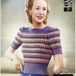 May include: A vintage knitting pattern for a purple and white striped sweater with a crew neck and short sleeves. The pattern is called "Hand Knitwear in Lavenda" and is designed to fit a 32-34 inch bust.