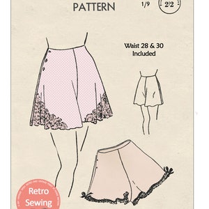 Puede incluir: Patrón Vogue n.º 6321 para shorts de estilo vintage. La ilustración muestra un par de shorts rosas con estampado de lunares y ribete de encaje. Se incluyen las tallas de cintura 71 y 76 cm. La imagen tiene un tema de costura retro.