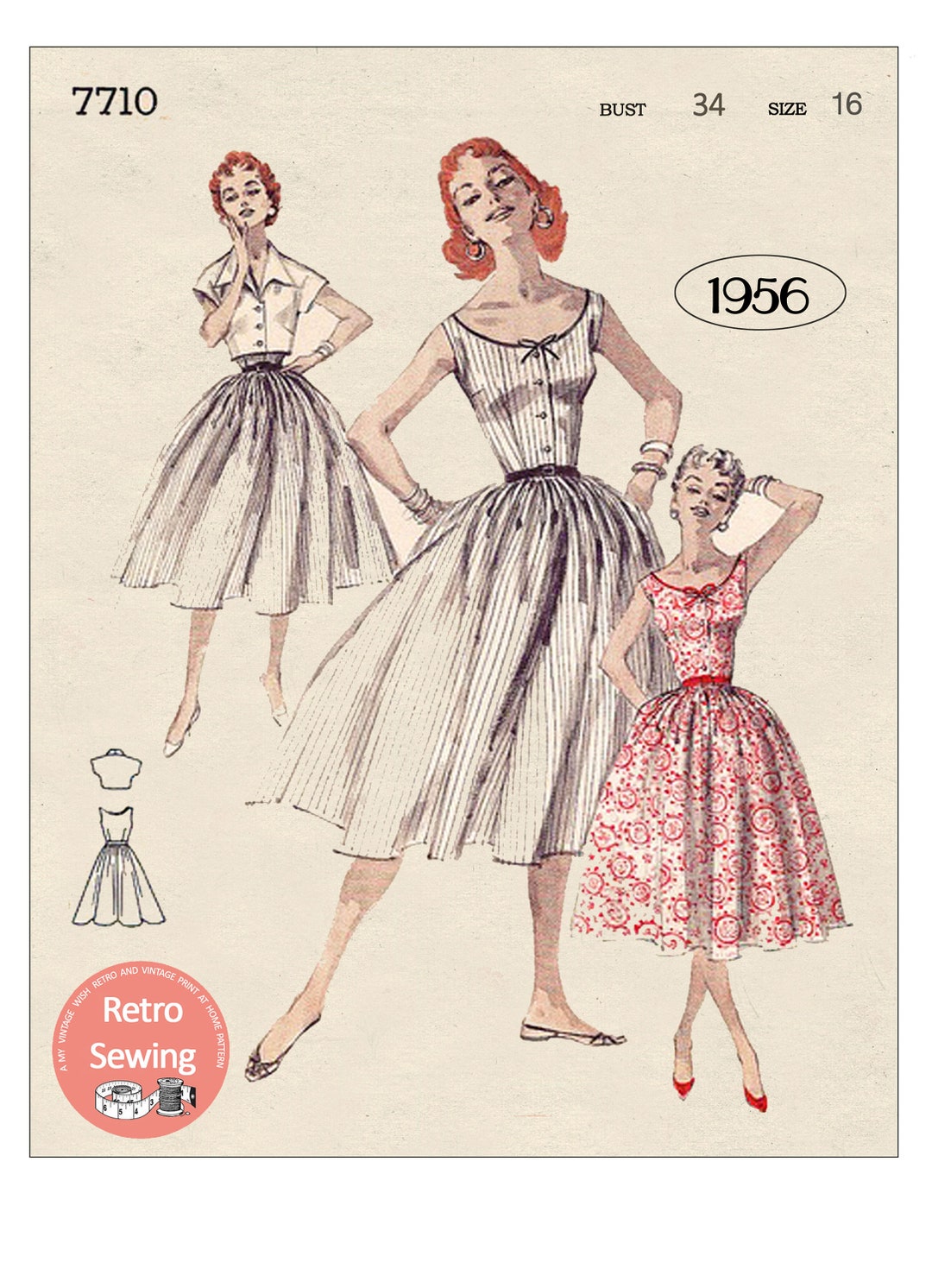 1950s Bardot Style Dress and Jacket Print at Home Sewing Pattern Bust