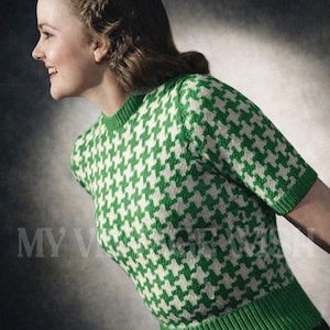 Patrón de punto en PDF para jersey Fair Isle con estampado de pata de gallo de los años 40 – Jersey vintage retro para mujer