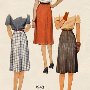 May include: A sewing pattern illustration labelled 5208 and Waist 28, featuring three outfits. One shows a blue-grey top with a white and blue plaid skirt, another a white top with a rust-coloured skirt, and a third a beige top with a dark pinstriped skirt.