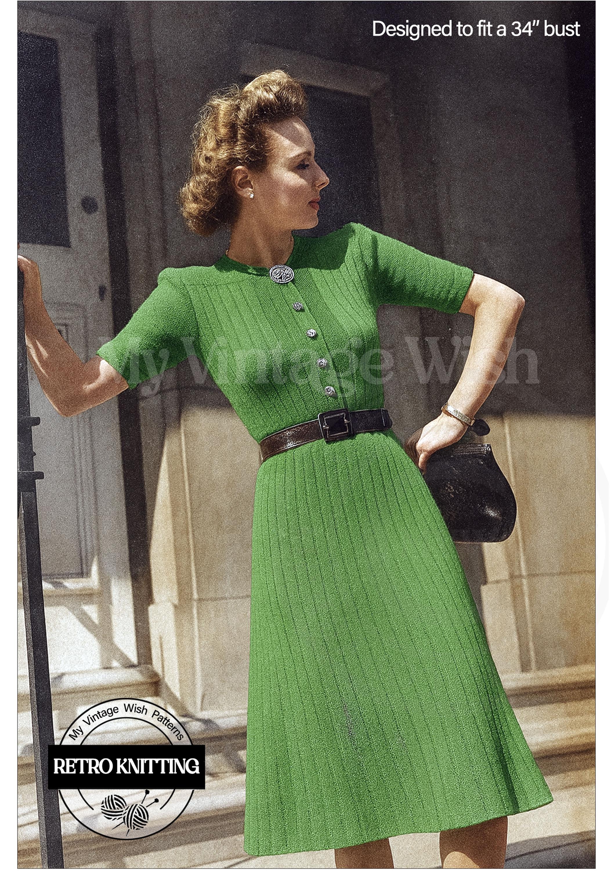 1940s Wartime Shirt Waist Dress Vintage Knitting Pattern