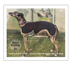 May include: A vintage knitting pattern for a dog sweater. The pattern is for a black and brown sweater with a tan trim. The pattern is for a dog with a neck to tail measurement of 18 inches and a chest measurement of 18 inches. The pattern is from Retro Knitting.