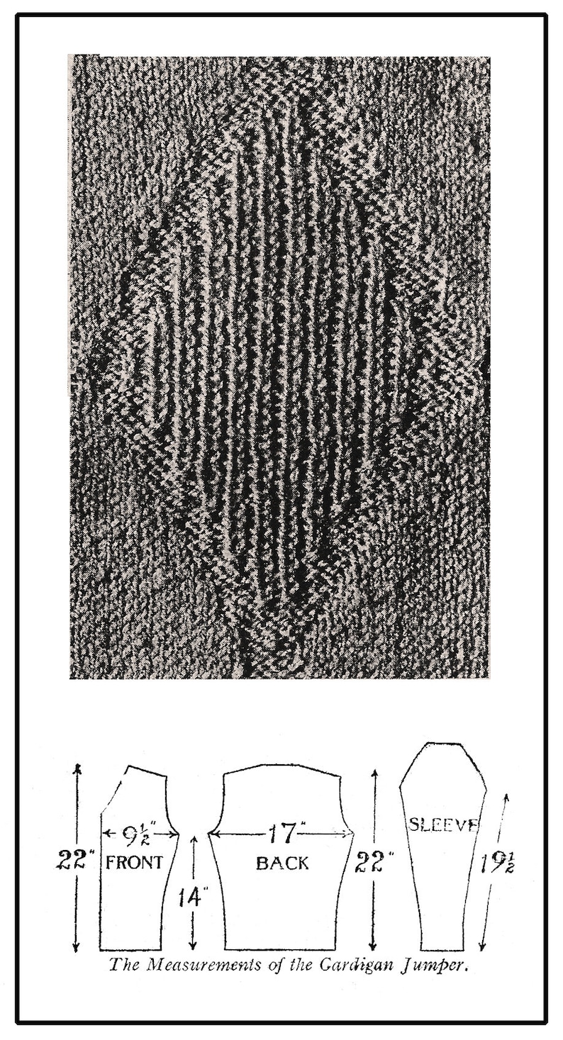 May include: A black and white illustration of a cardigan sweater with measurements for the front, back, and sleeve. The measurements are in inches: 22 inches long, 9 1/2 inches wide for the front, 17 inches wide for the back, 14 inches long for the body, and 19 1/2 inches long for the sleeve.